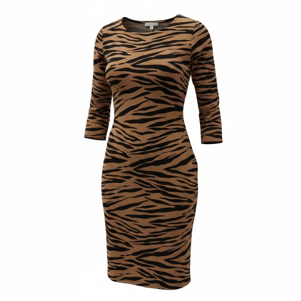 Chico's Travelers Dress Women 2 Brown Tiger Print Midi Sheath Animal Stylish